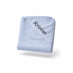Lyseblåt baby badeslag med navn i blød bomuld.75x75 cm