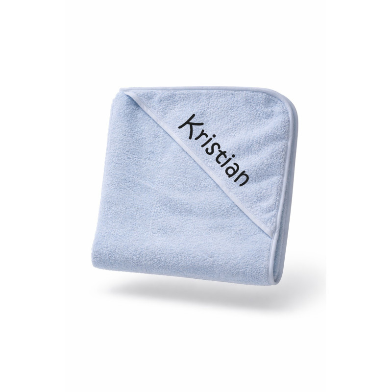 Lyseblåt baby badeslag med navn i blød bomuld.75x75 cm