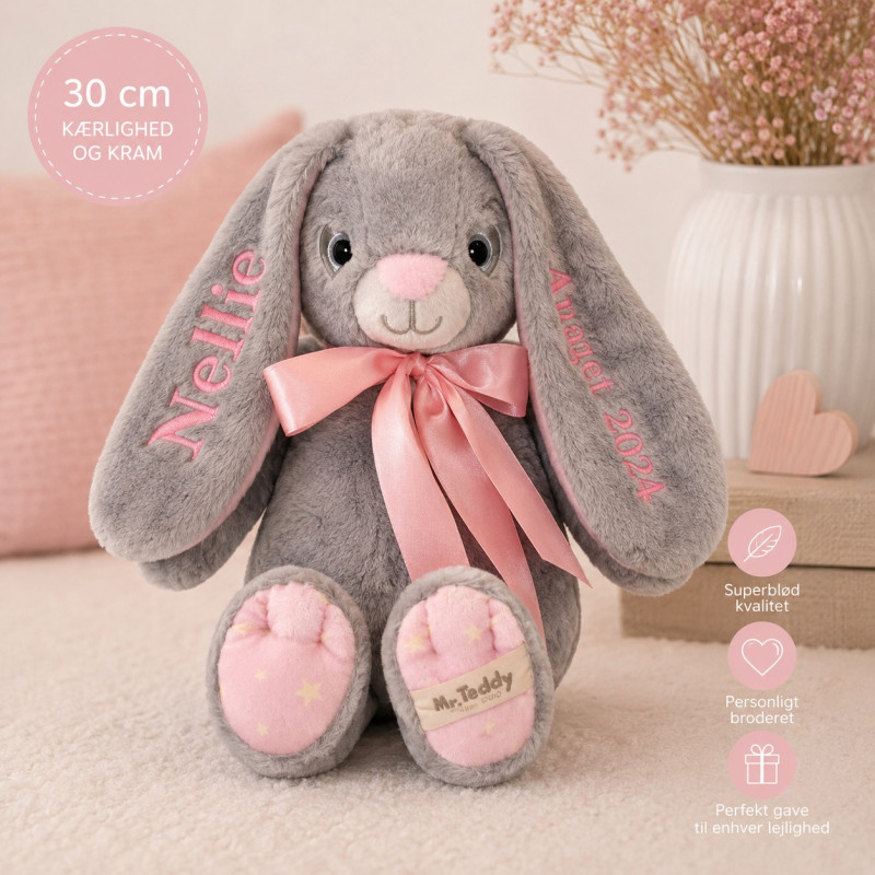 MyTeddy Kaninbamse med Navn - grå/lyserød