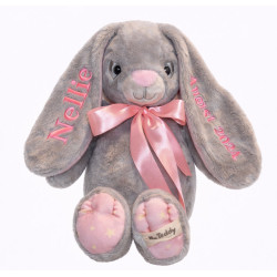 MyTeddy Kaninbamse med Navn - grå/lyserød