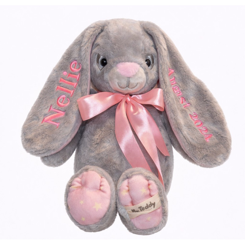 MyTeddy Kaninbamse med Navn - grå/lyserød
